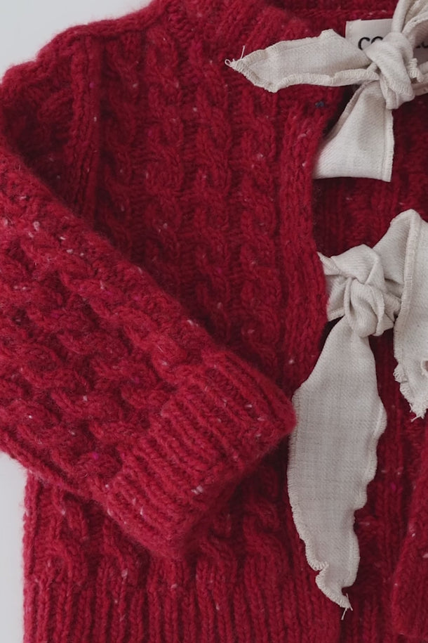 #color_red-velvet | Tweed tricot cardigan with bows for baby girl by Cozmo