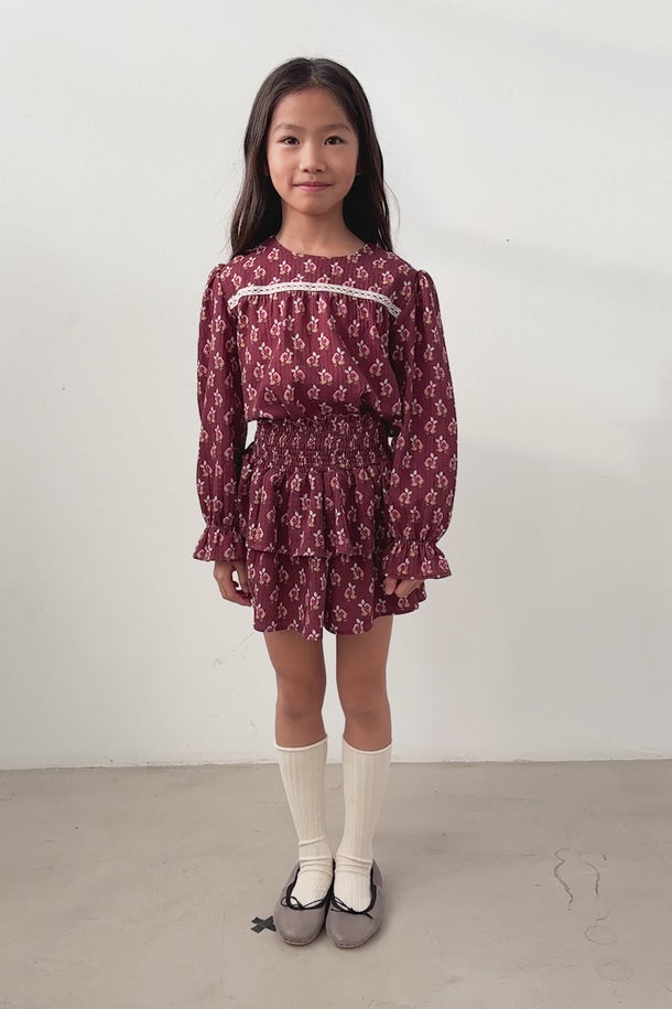 girl showing her floral textured cotton outfit